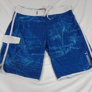 RON JON SURF SHOP BLUE PALM TREE BOARD SWIM SHORTS MENS SIZE 32 K431
